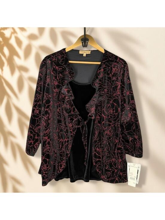 Notations Tops - New Notations Top Women 2X Plus Black Floral Rhinestone Velvet Tasseled Casual